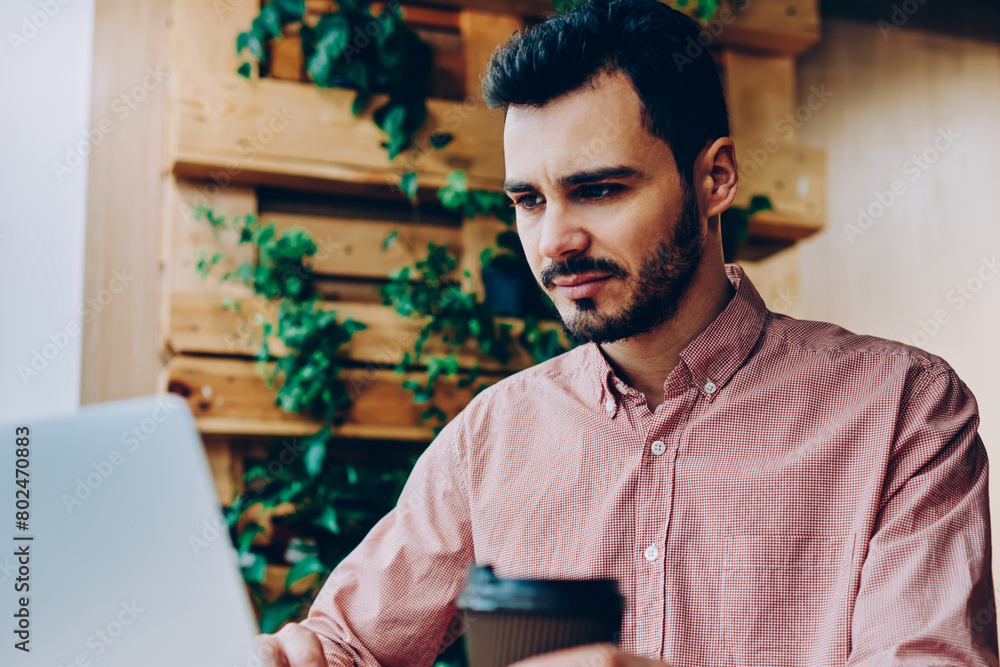 Poster disappointed businessman upset with project and bad news checking mail on laptop computer, frustrate