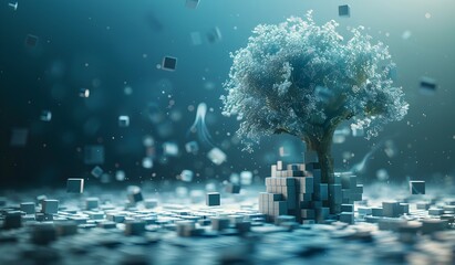 3D rendering of an abstract tree made from cubes with flying cube particles on a light blue background Abstract conceptual art of a digital design in the style of digital design High resolution stock 