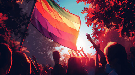 A symbolic image capturing the raising of the LGBTQ+ pride flag at the rally, as participants gather around to watch it ascend into the sky, symbolizing the triumph of love and acc