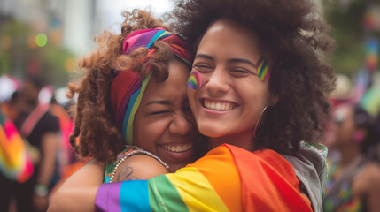 A heartwarming moment captured as a couple of women hug tightly at the rally, their smiles radiant with pride and happiness, as they celebrate their love and commitment in a suppor