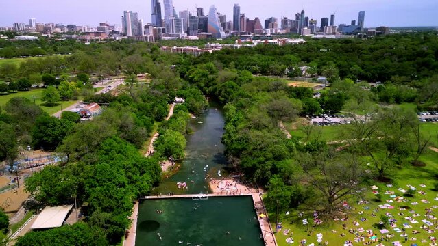 Timelapse drone shot of Barton Springs in Austin, Texas.