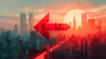 Obraz premium Bold red directional arrow contrasting with urban cityscape for enhanced navigation assistance