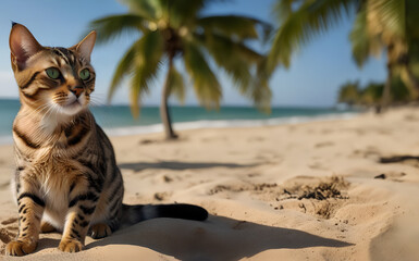A majestic Bengal cat lounging on a sandy beach, its piercing green eyes gazing out at the sparkling ocean, summer banner