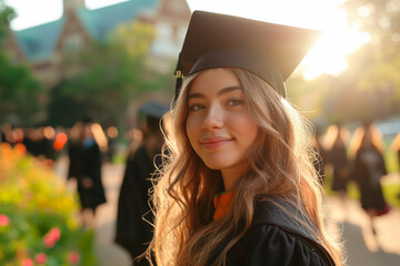 Young woman in black gown and graduation cap in front of university at sunset light 