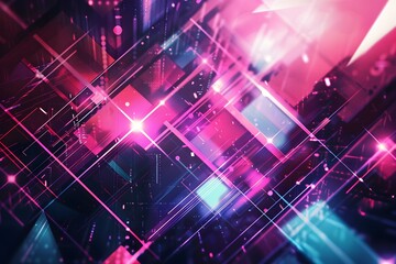 Obraz premium Abstract background with geometric shapes and neon lights, creating an atmosphere of futuristic technology and innovation Digital illustration with detailed textures and glowing effects for design use