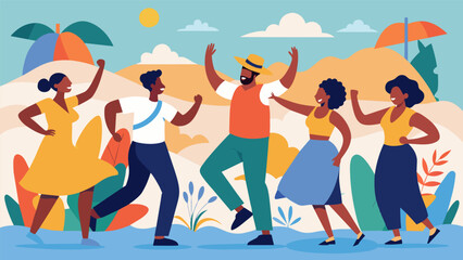 A group of people dancing and celebrating in front of a mural depicting the history of Juneteenth and the Freedom Riders.. Vector illustration