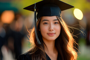 Young asian woman in black gown and graduation cap in front of university at sunset light 