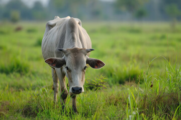 cow grazing in the green field