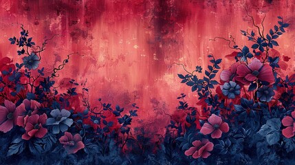   Red & Blue Background with Red & Purple Flowers