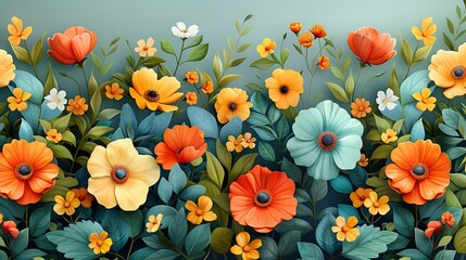   Painting of orange, blue, and yellow flowers on a blue-green background