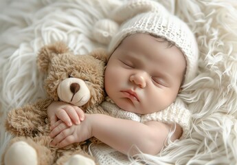 A newborn baby sleeping with his teddy bear, wearing white hat on white fluffy fur blanket