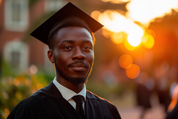 Young black man in black gown and graduation cap in front of university at sunset light 