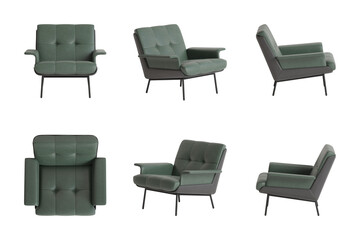 Set of six views of a stylish armchair with a green leather seat, back and armrests, black metal legs isolated on a transparent background. Front view, top view, two sides, two perspectives. 3d render