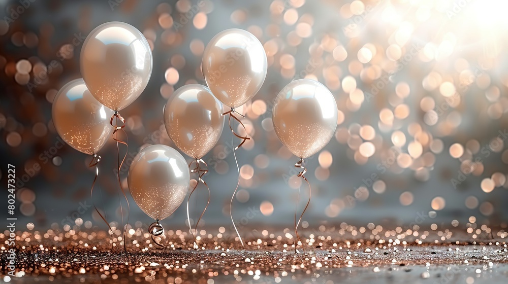 Poster a group of white balloons float in the air on a reflective surface, surrounded by bokeh lights in th