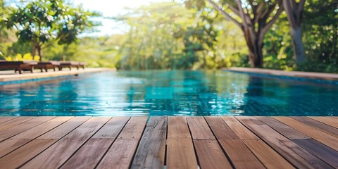 Empty wooden deck with swimming pool