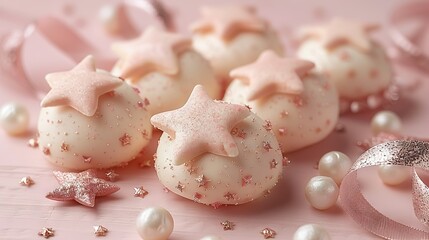   A detailed photo of cookie clusters on a white table, adorned with pearls and a pink ribbon on a pastel-colored cloth