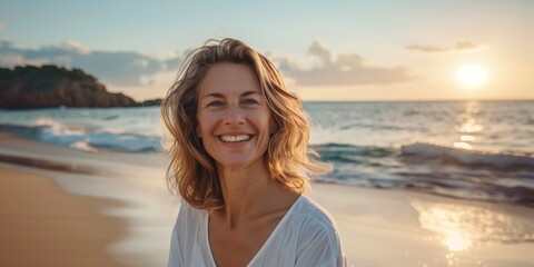 Happy 40 year old woman on the beach smiling with serenity