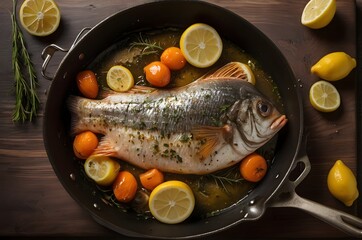 A pan with fish, tomatoes, and lemons in it. Fish fry in a pan.