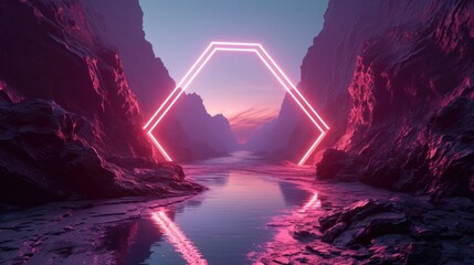 Obraz premium The great pinkish floating hexagon beyond the water that surrounded with a lot amount of the tall rocks at the dawn or dusk time of the day that shine light to the every part of the picture. AIGX03.