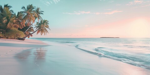 Fototapeta premium Paradise beach with palm trees and calm ocean at dawn or sunset. Panoramic banner of a peaceful landscape
