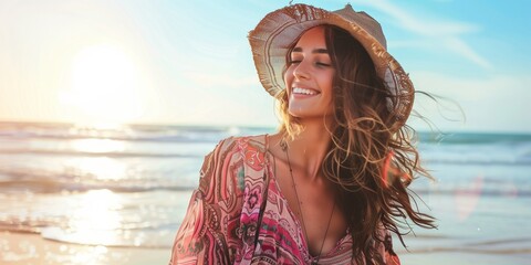 pretty woman wearing bohemian style outfit at beach