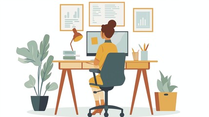illustration of a woman working with a computer in a cozy and relaxed office environment, surrounded by office equipment, fostering tranquility.