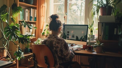 In a comfortable and relaxed home office environment, a woman works with her computer surrounded by plants and office equipment, fostering a peaceful atmosphere.