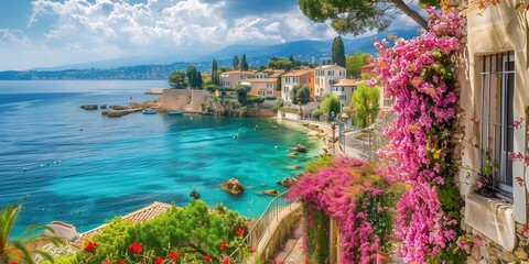 Seafront landscape with azalea flowers. French riviera, view of stunning picturesque coastal town