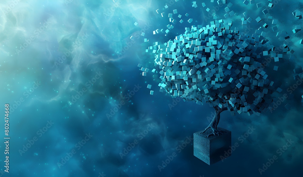 Poster abstract tree made of cubes on a blue background, a 3d rendering illustration an abstract conceptual