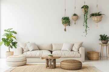 Beige sofa and coffee table near the wall with hanging planters, wooden decorations