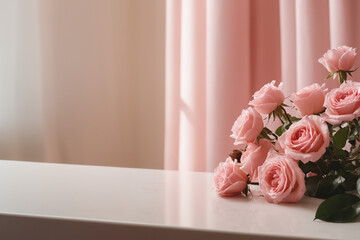Close-up of a bouquet of blooming roses on an empty white tabletop. Pastel floral background with copy space. Delicate composition for product placement or montage with focus on tabletop.

