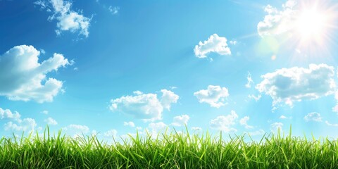 green grass and shining blue sky with white cloud