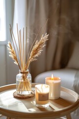 Naklejka premium Room Scent, Fragrance Sticks, Aromatic Candles, Air Reed Freshener on Table in Living Room