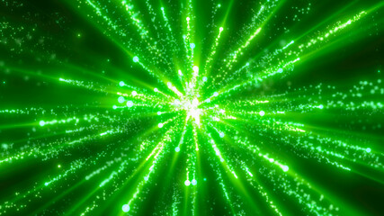 Green festive bright energy magical fireworks salute explosion with light rays lines and energy particles. Abstract background