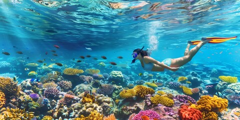 woman snorkeling, swimming underwater, pristine white sand under tropical sea clear blue, admiring Colorful coral reef, underwater and examining the seabed, snorkeling amongst many exotic fish
