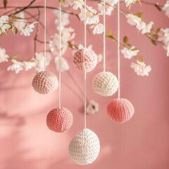 Obraz premium Baby crib mobile balls on pink background, knitted toy for children, hanging knitted balls