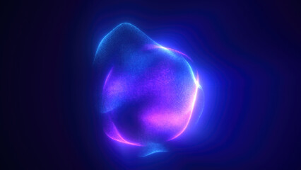 Blue purple energy magic sphere round high-tech digital ball core of light rays waves lines and energy particles. Abstract background