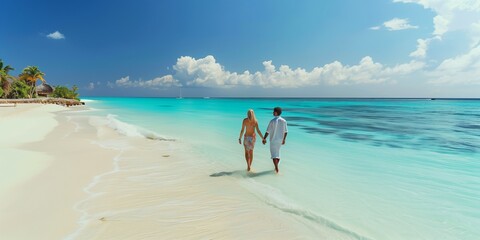 Obraz premium young couple walking on white sand beach on paradise island