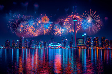 Naklejka premium Fireworks lighting up the night sky over iconic Canadian landmarks on July 1st