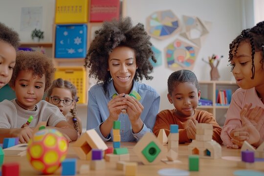 Class of Adorable Multiethnic Children Studying Mathematics and Geometry in an International Primary School. 