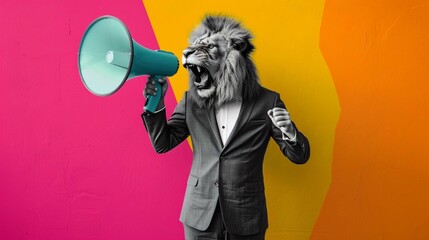 black and white picture of angry lion wearing business suit holding megaphone 