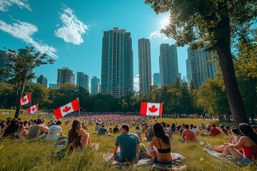 People gathering in parks adorned with Canadian flags, celebrating Canada Day