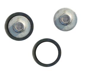 Swingarm bolt, wishbone. Bottom bracket insert. Screw in rubber seal sleeve - vibration isolator, bracket bearing. Bend bracket, gasket with screw. On isolated transparent background.