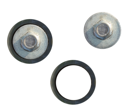 Swingarm bolt, wishbone. Bottom bracket insert. Screw in rubber seal sleeve - vibration isolator, bracket bearing. Bend bracket, gasket with screw. On isolated transparent background.