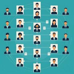 An illustration of an organizational chart with a blue background. There are 23 boxes representing people, connected by lines to show their relationships within the company.