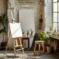 Empty Painting studio, art studio at loft apartment, cozy workplace mockup, clear canvas on easel