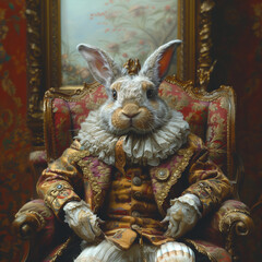  male hare or rabbit or bunny in a festive costume sits on a large luxurious chair. 