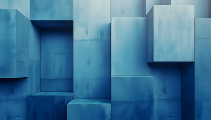 A high-definition photograph of a sleek, modern geometric pattern with large, flat rectangles in a gradient of cool blues