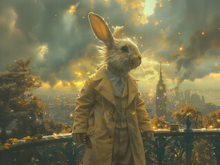 strange wondrous hare or rabbit. male hare or rabbit or bunny  in a suit and coat is standing on the balcony. sunset. beautiful sky