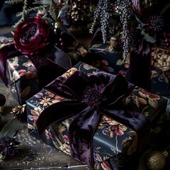 Luxurious Floral Gift, Dark Satin Bow, Moody Atmosphere